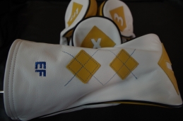 Custom Reserve design in Pure White body with yellow argyle pattern and blue stitching / custom initials in blue. #custombycru