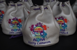 Silver Bullet Valuables pouch for annual Aloha event. Custom design with matching Purple draw cord.