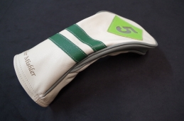 Antique White Body with Grey Side Panel, Lime green diamond patch with grey underlay and green dual vintage stripe pattern with name laser etched on bottom. 
#custombycru