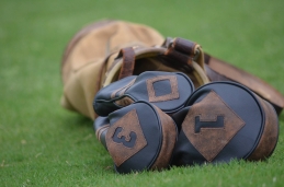 One of our first custom headcovers ever made for our first photo shoot.

Stealth Black body with vintage copper leather acents. Available by request only.
