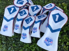 Pure White body with cobalt blue chevron accent and diamond patch and custom embroidered logo.